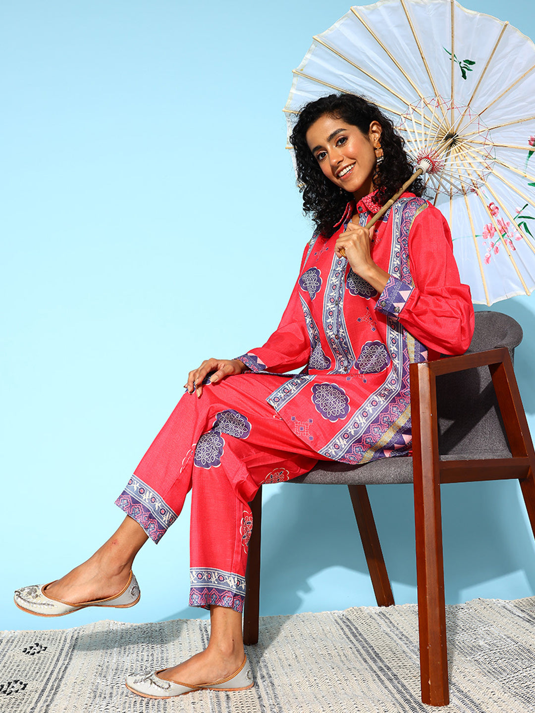 Red Collar Embellished Co-Ords Set