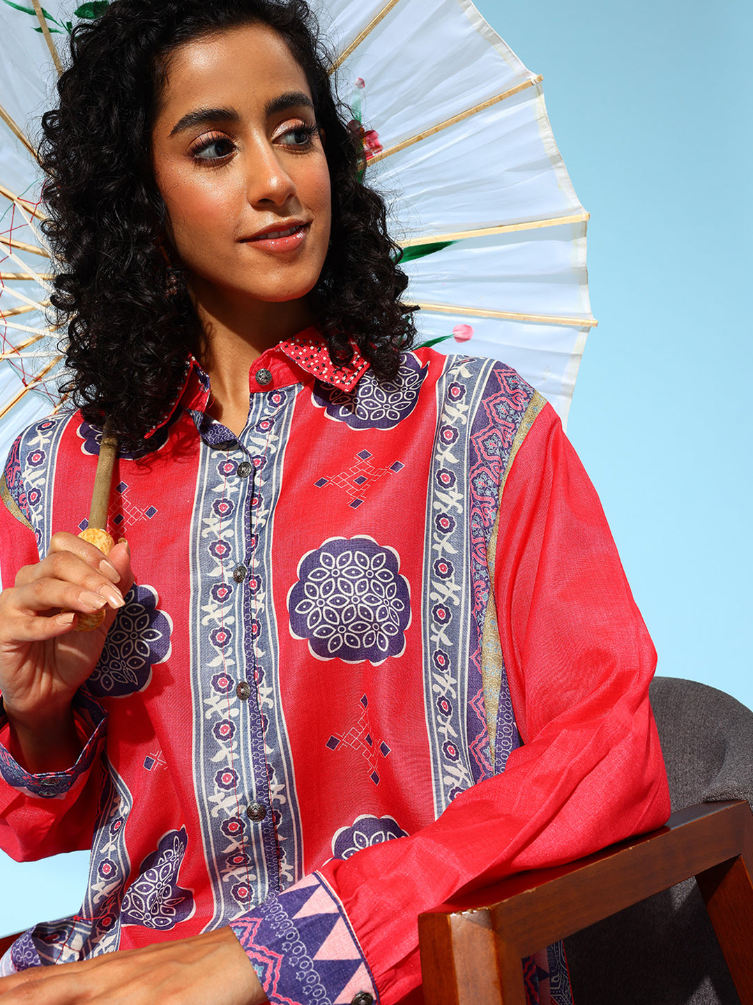 Red Collar Embellished Co-Ords Set