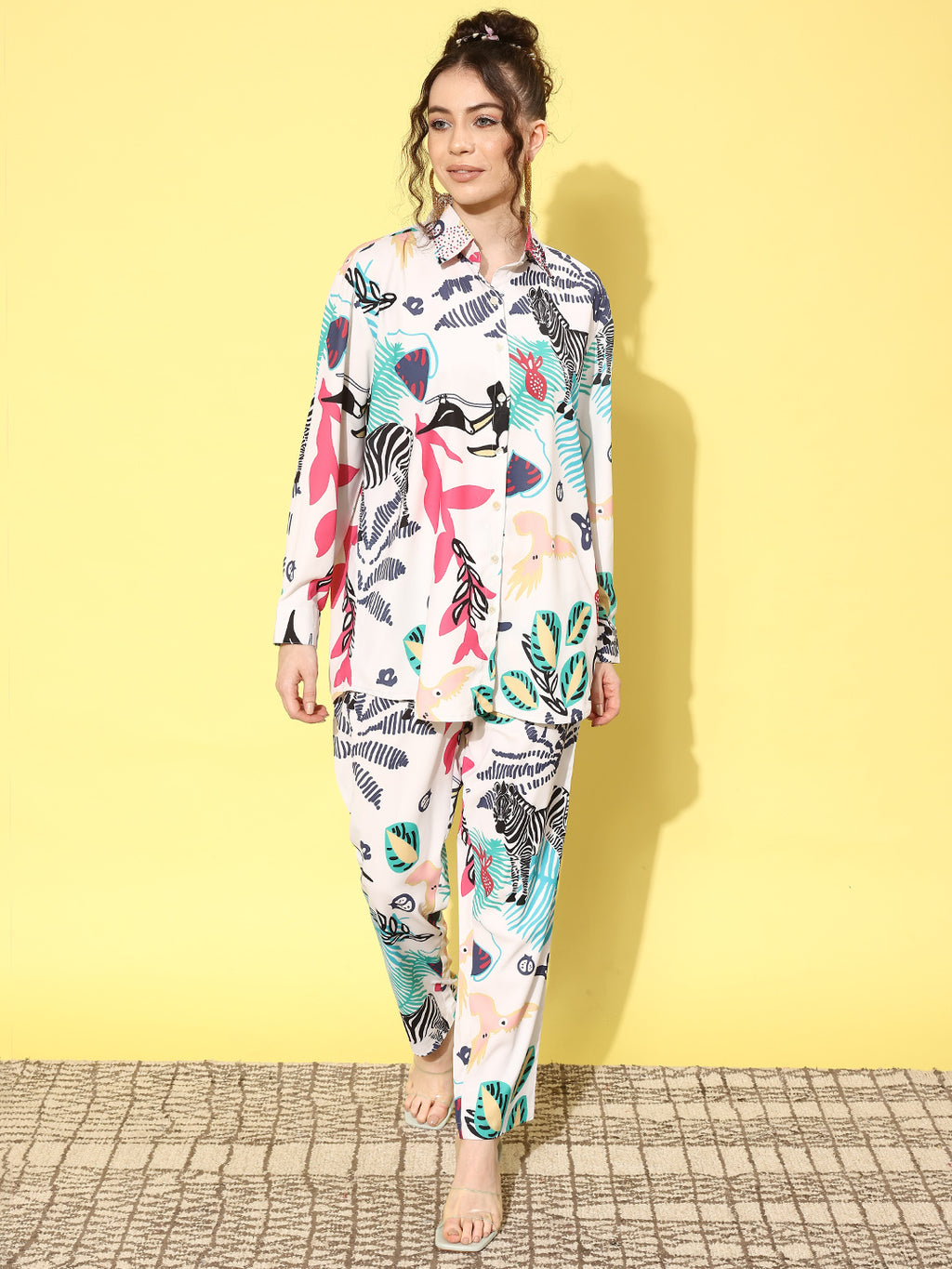 White Printed Collar Embellished Co-ords Set