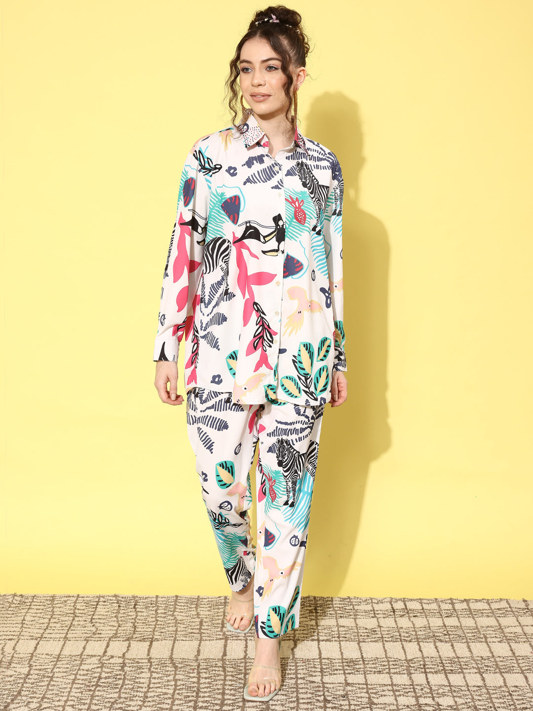 White Printed Collar Embellished Co-ords Set