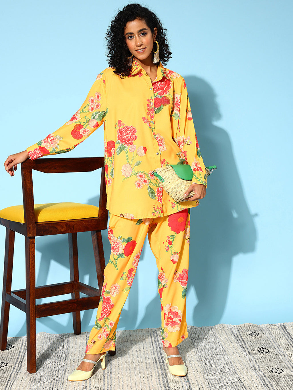 Floral Printed Collar Embellished Co-ords Set