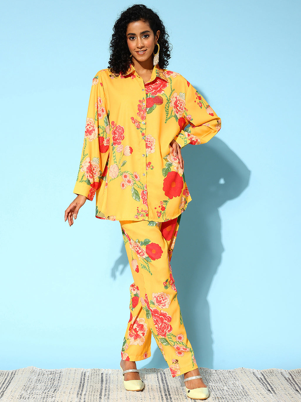 Floral Printed Collar Embellished Co-ords Set