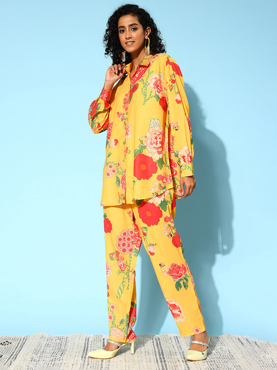 Floral Printed Collar Embellished Co-ords Set