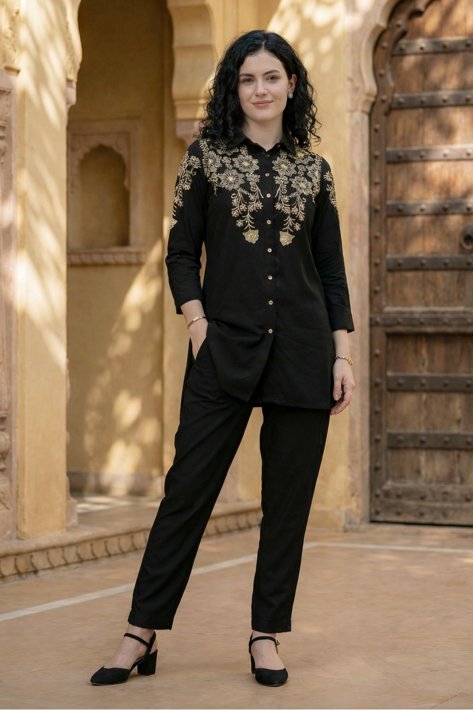 Zummer Women Black Floral Embroidered Rayon Co-Ord Set