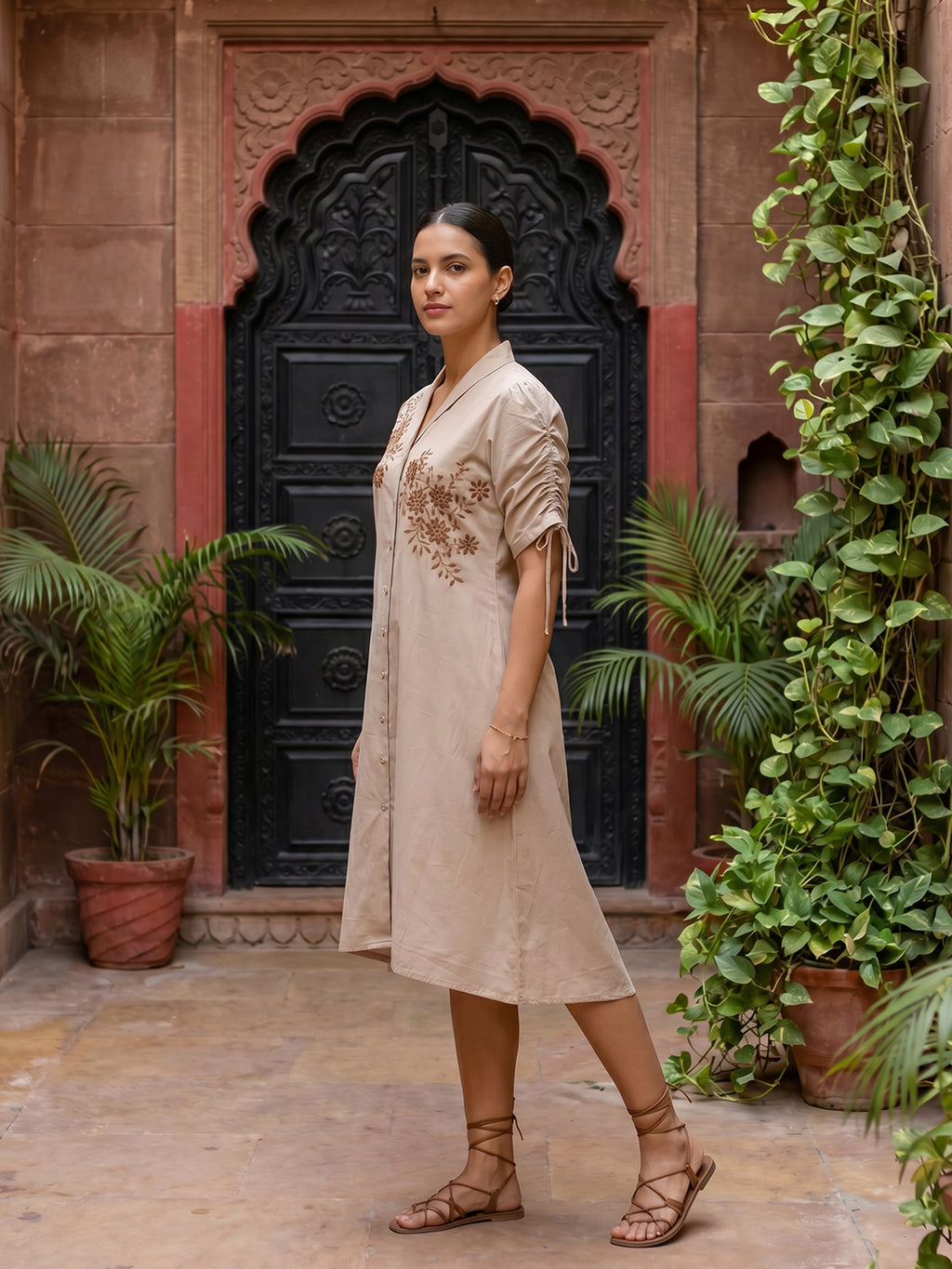 Zummer Embroidered Midi Shirt Dress – Beige