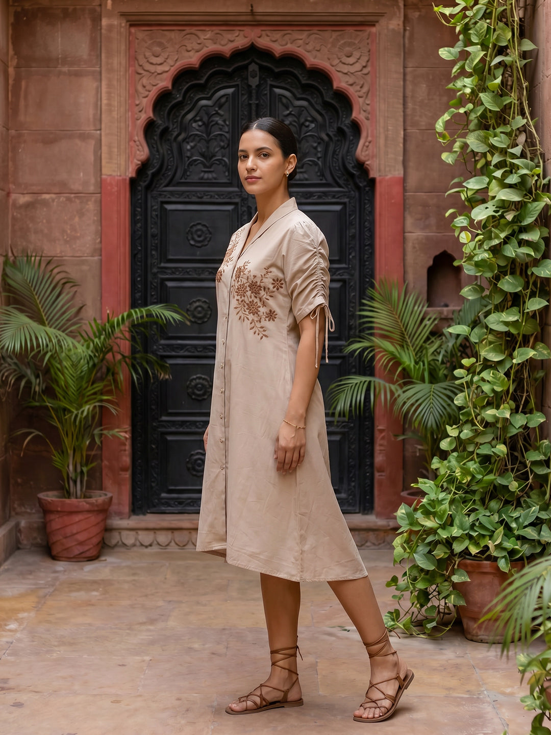 Zummer Embroidered Midi Shirt Dress – Beige
