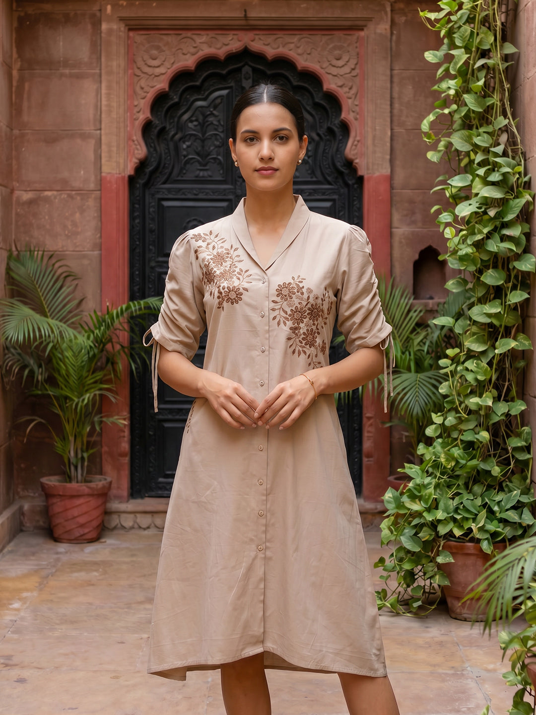Zummer Embroidered Midi Shirt Dress – Beige