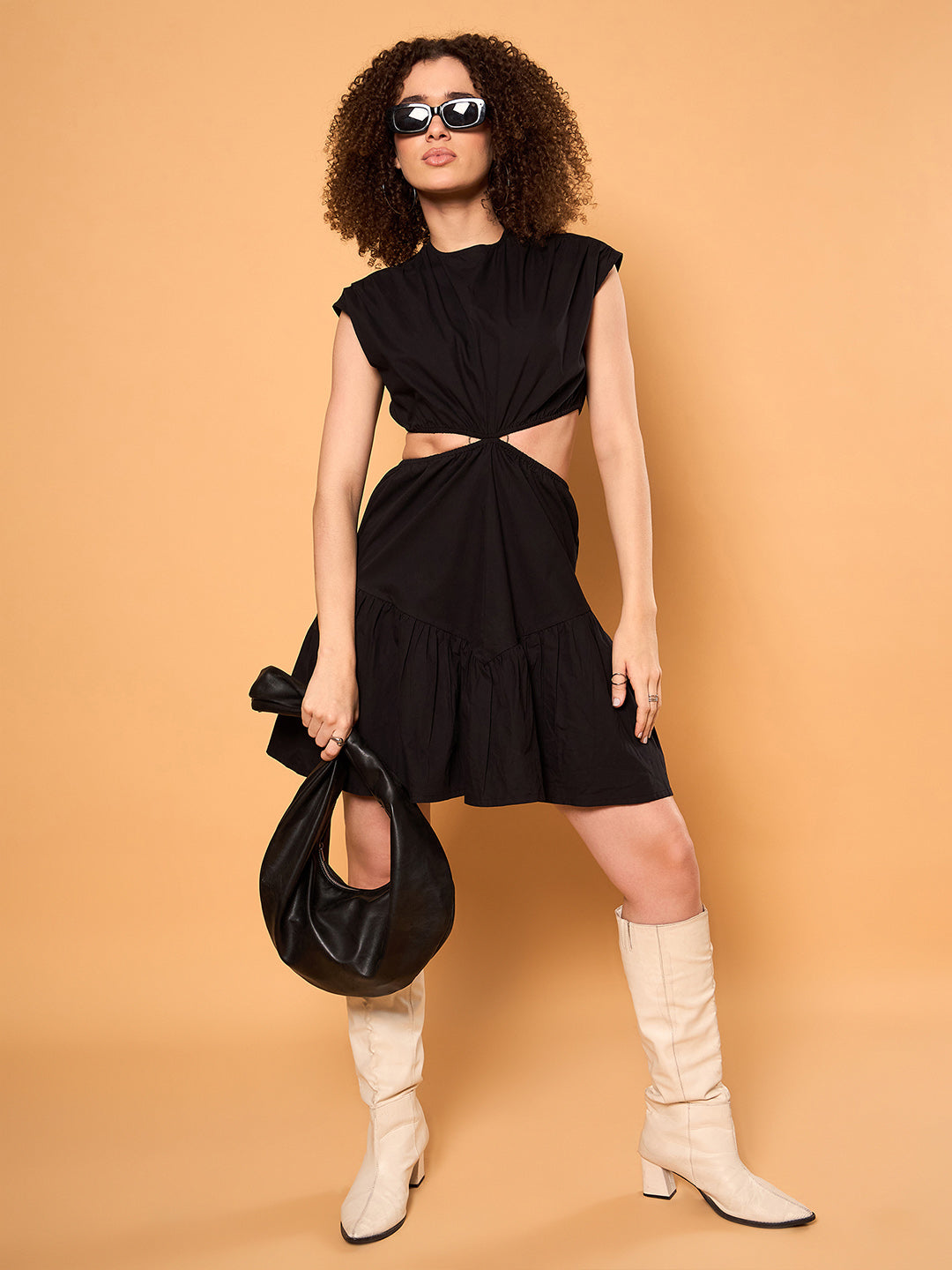 Off White Cotton Embroidered Empire Short Dress with Puff Sleeves