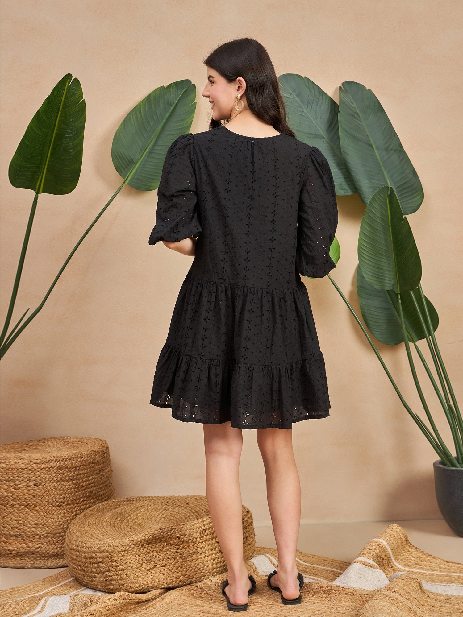 Black Cotton Drop-Waist Short Dress with Puff Sleeves