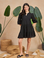 Black Cotton Drop-Waist Short Dress with Puff Sleeves
