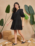 Black Cotton Drop-Waist Short Dress with Puff Sleeves