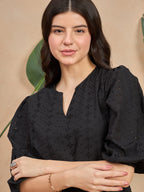 Black Cotton Drop-Waist Short Dress with Puff Sleeves