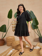 Black Cotton Drop-Waist Short Dress with Puff Sleeves