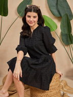 Black Cotton Drop-Waist Short Dress with Puff Sleeves