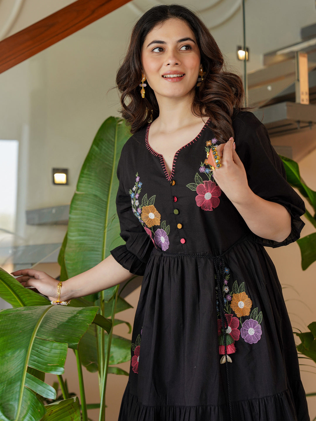 Cotton Black Floral Embroidered Midi Dress Zummer Cotton Black Floral Embroidered Midi Dress Zummer