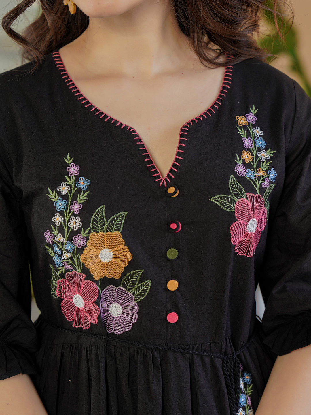 Cotton Black Floral Embroidered Midi Dress Zummer Cotton Black Floral Embroidered Midi Dress Zummer