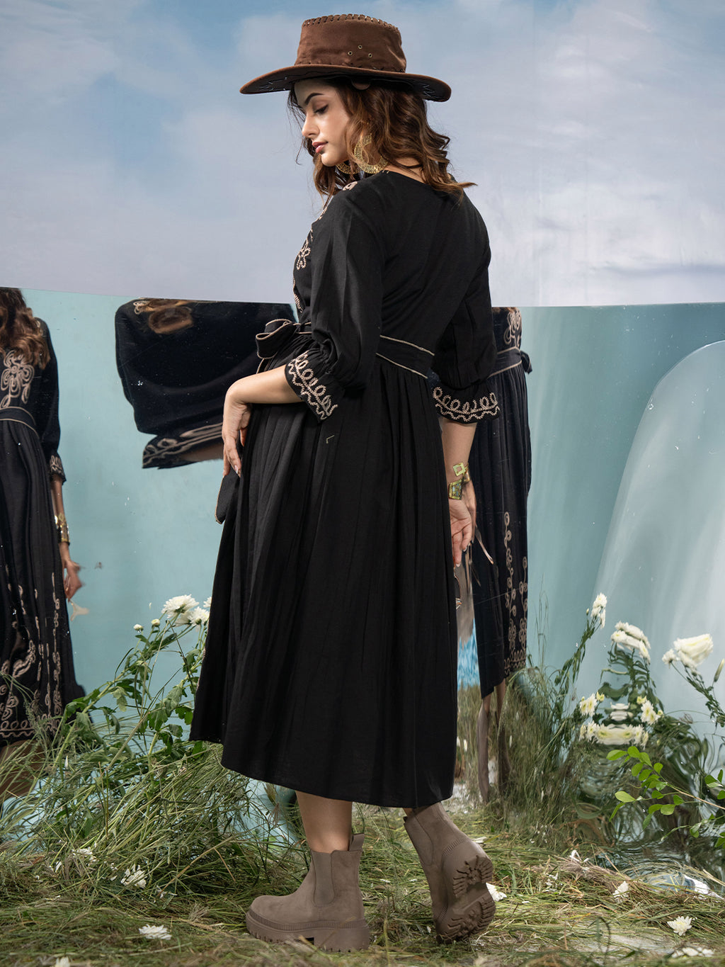 Black Cotton Embroidered Fit and Flare Midi Dress with Bell Sleeves