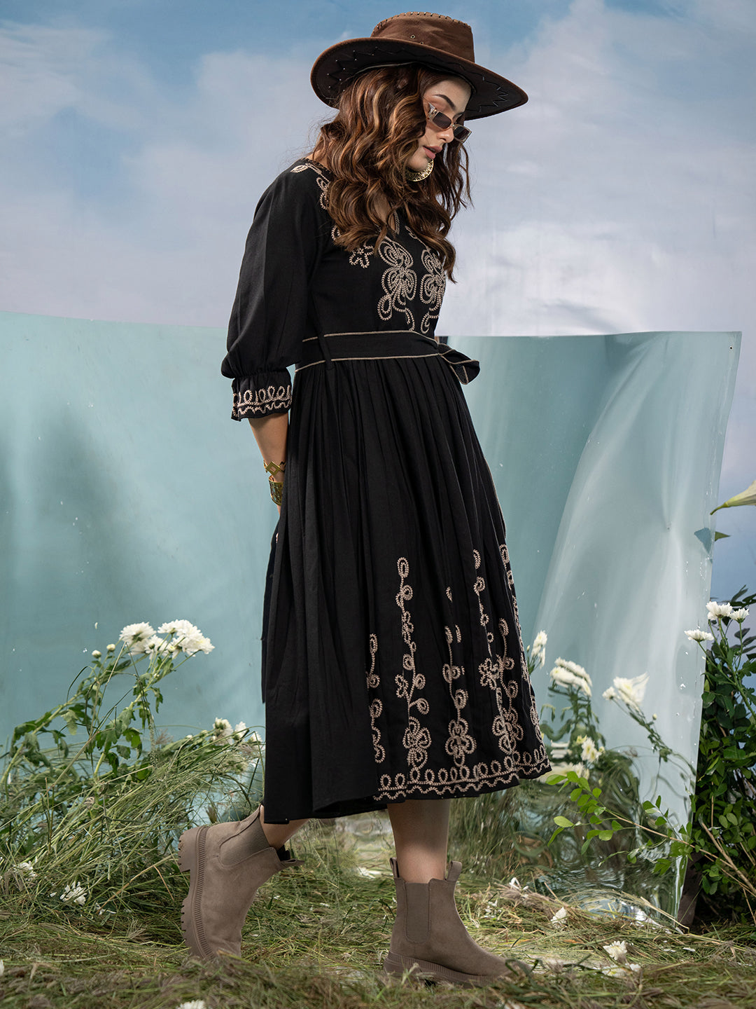 Zummer Black Cotton Embroidered Fit and Flare Midi Dress with Bell Sleeves