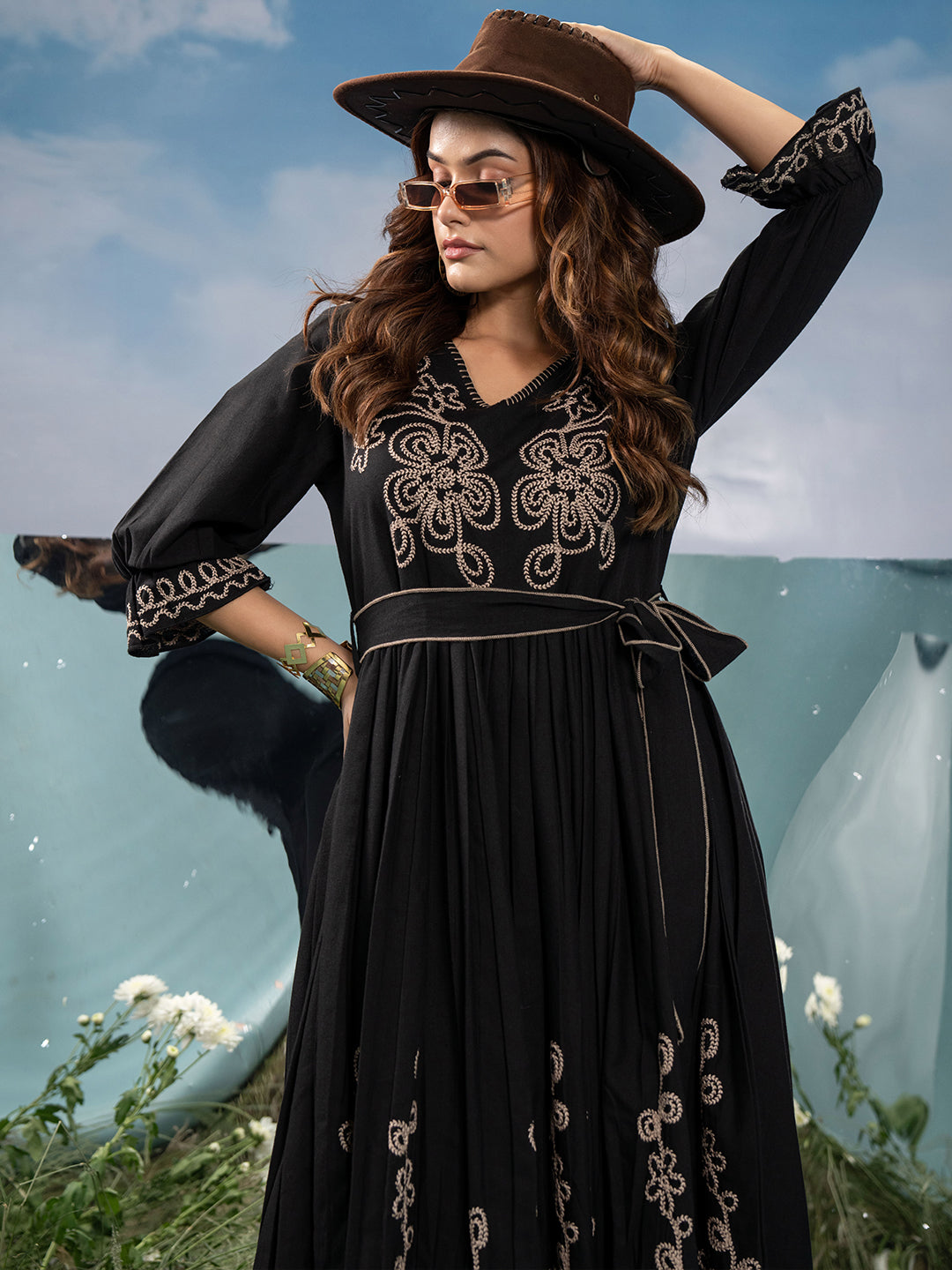 Zummer Black Cotton Embroidered Fit and Flare Midi Dress with Bell Sleeves