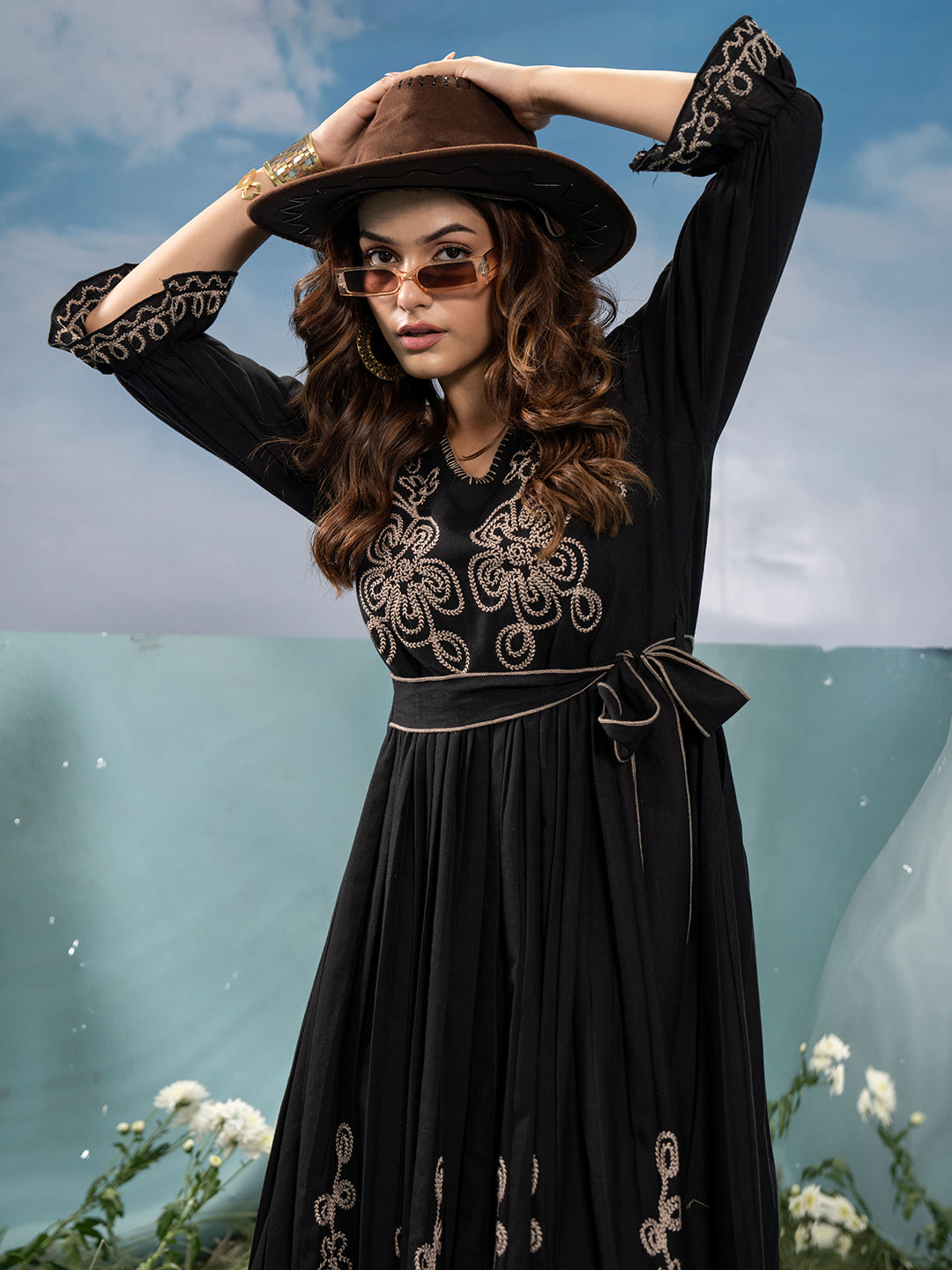 Zummer Black Cotton Embroidered Fit and Flare Midi Dress with Bell Sleeves