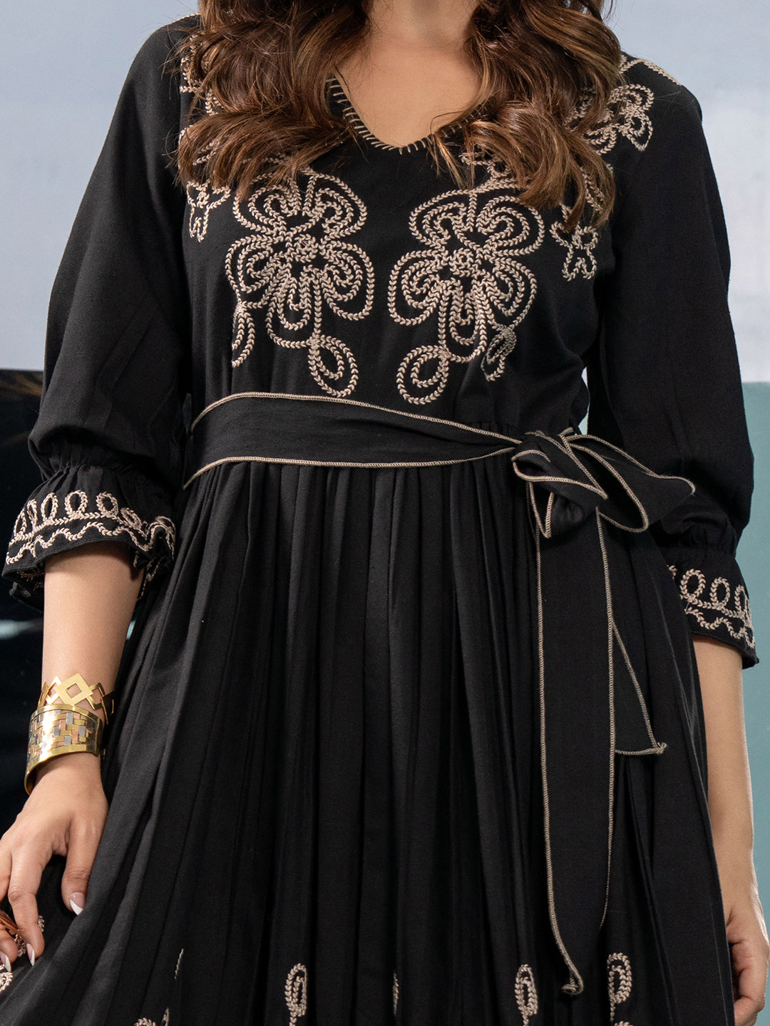 Black Cotton Embroidered Fit and Flare Midi Dress with Bell Sleeves