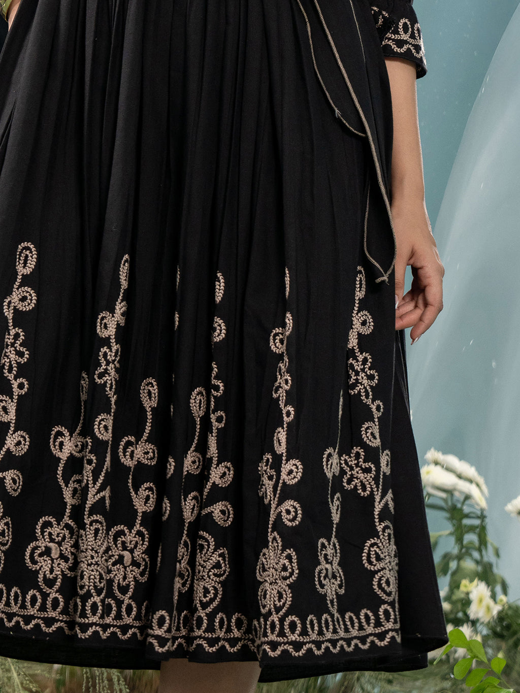 Black Cotton Embroidered Fit and Flare Midi Dress with Bell Sleeves