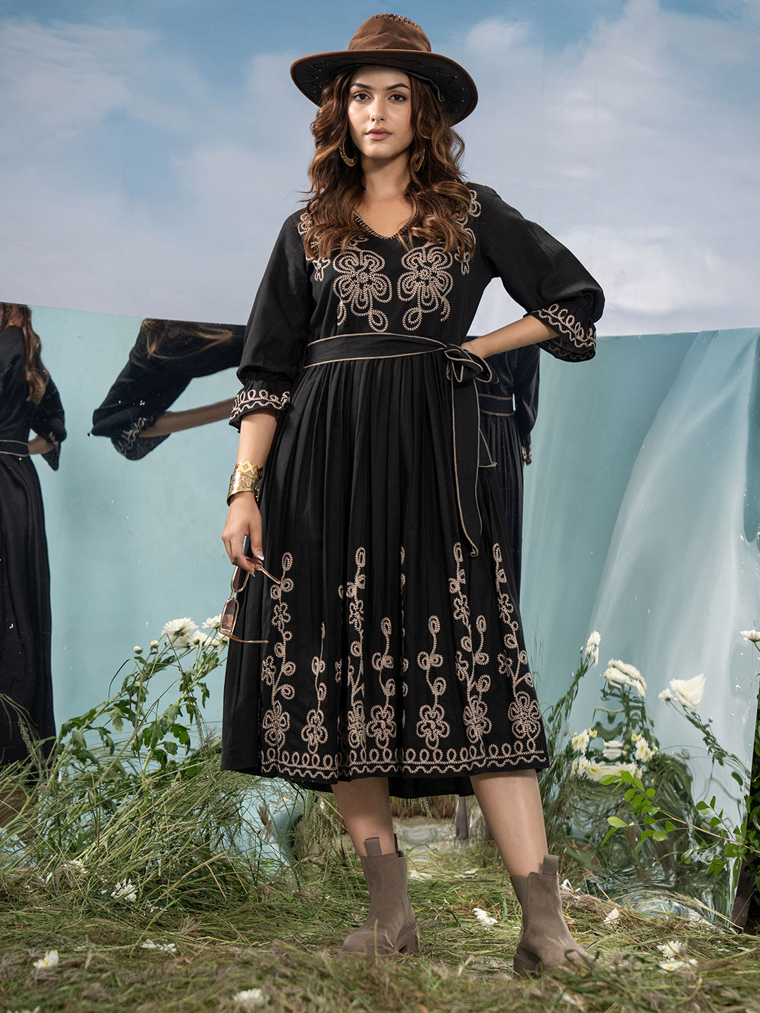 Zummer Black Cotton Embroidered Fit and Flare Midi Dress with Bell Sleeves