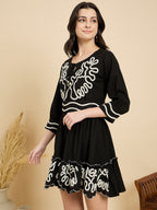 Black Embroidered Fit And Flare Short Dress