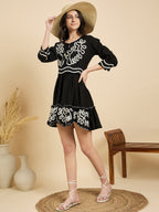 Black Embroidered Fit And Flare Short Dress