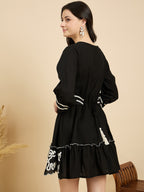 Black Embroidered Fit And Flare Short Dress