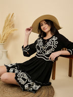 Black Embroidered Fit And Flare Short Dress