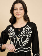 Black Embroidered Fit And Flare Short Dress