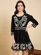 Black Embroidered Fit And Flare Short Dress