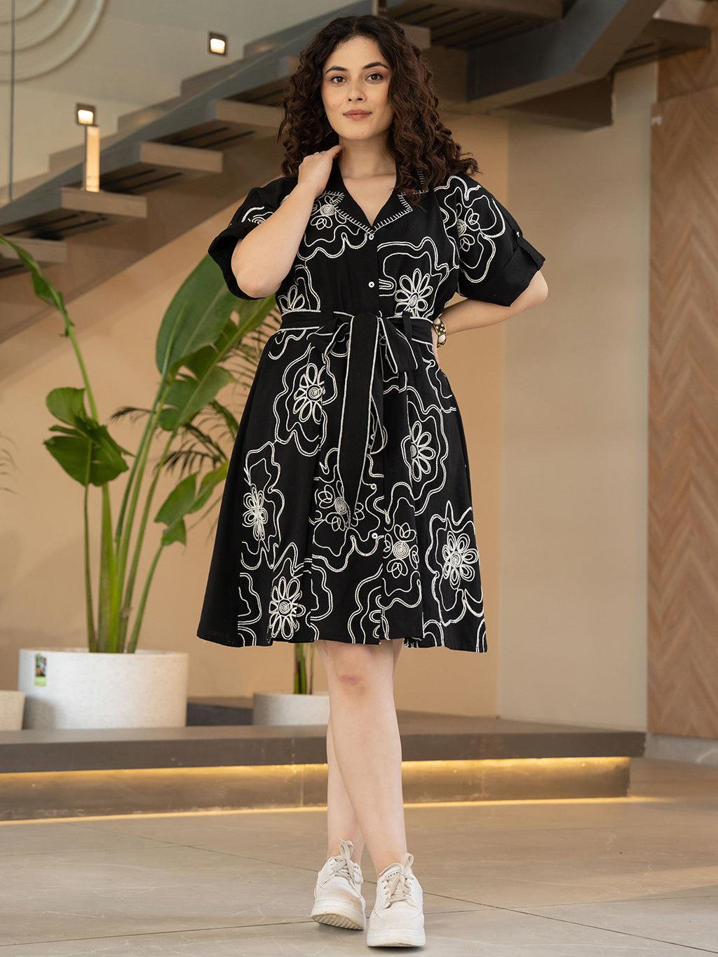 Floral Embroidered Kimono Sleeve Cotton A-Line Dress