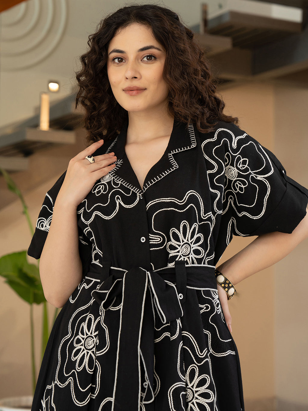 Floral Embroidered Kimono Sleeve Cotton A-Line Dress