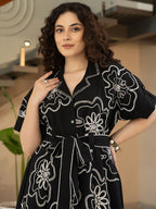 Floral Embroidered Kimono Sleeve Cotton A-Line Dress