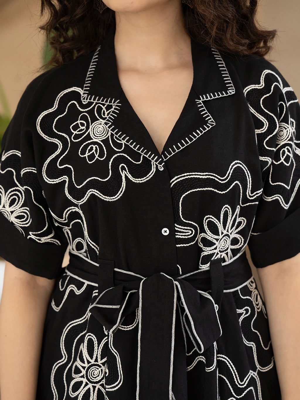 Floral Embroidered Kimono Sleeve Cotton A-Line Dress