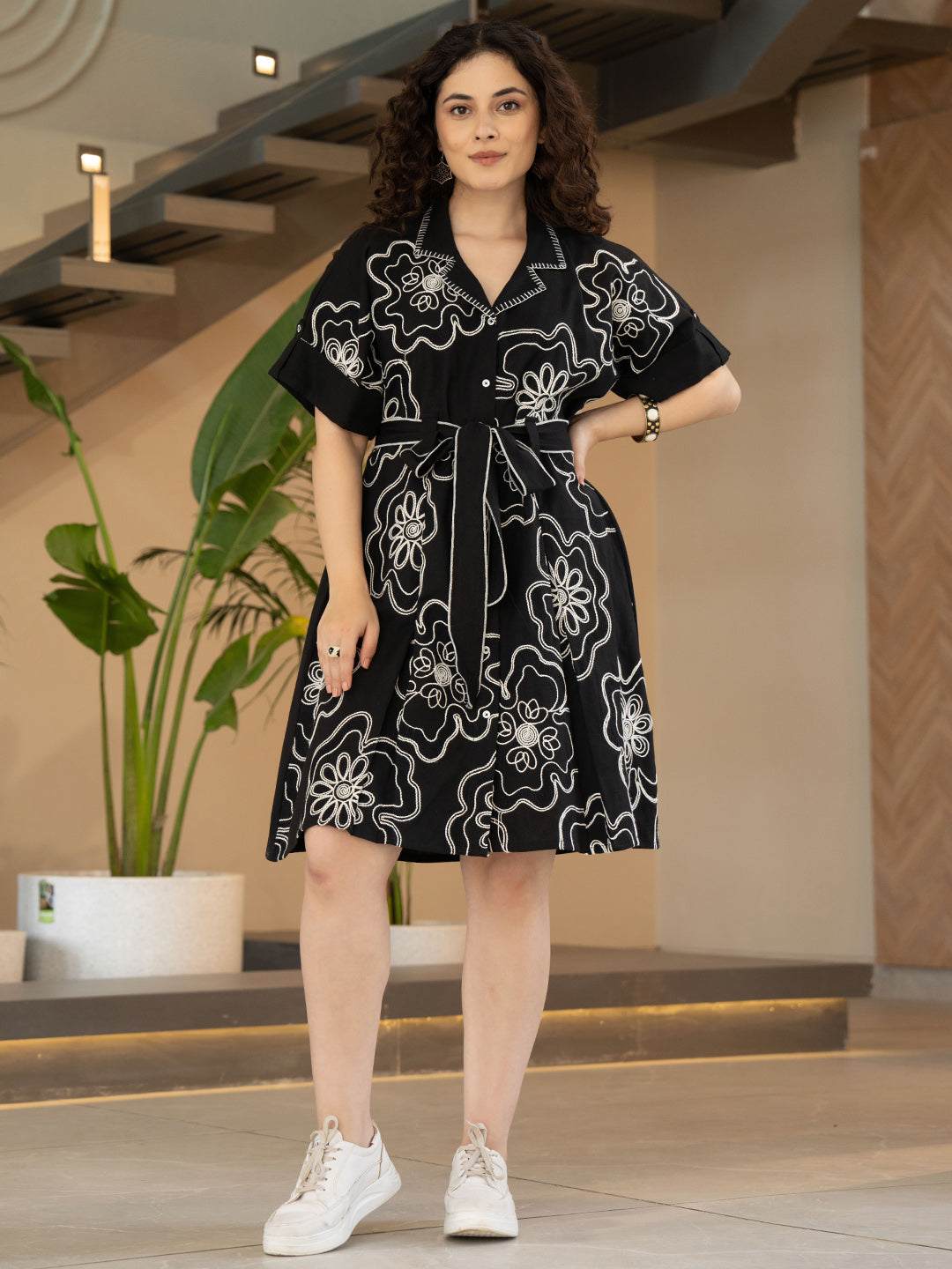 Floral Embroidered Kimono Sleeve Cotton A-Line Dress
