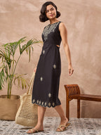Black Cotton Embroidered Sheath Dress with No Sleeves