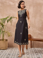 Black Cotton Embroidered Sheath Dress with No Sleeves