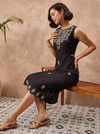 Black Cotton Embroidered Sheath Dress with No Sleeves