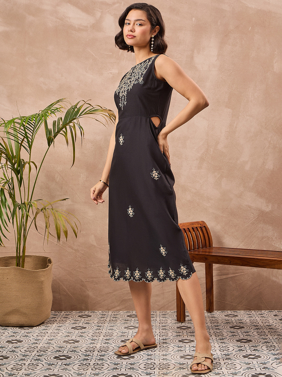 Black Cotton Embroidered Sheath Dress with No Sleeves