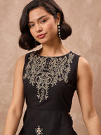 Black Cotton Embroidered Sheath Dress with No Sleeves