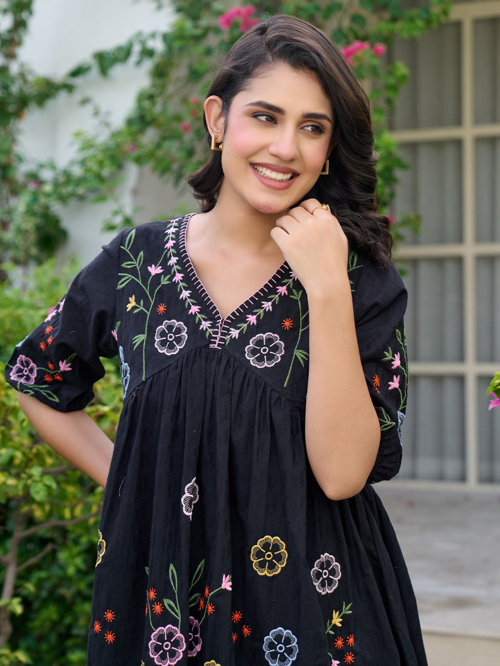 Floral Embroidered Puff Sleeve Pure Cotton Empire Dress