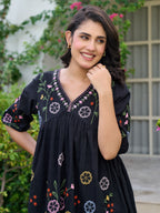 Floral Embroidered Puff Sleeve Pure Cotton Empire Dress