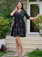 Floral Embroidered Puff Sleeve Pure Cotton Empire Dress
