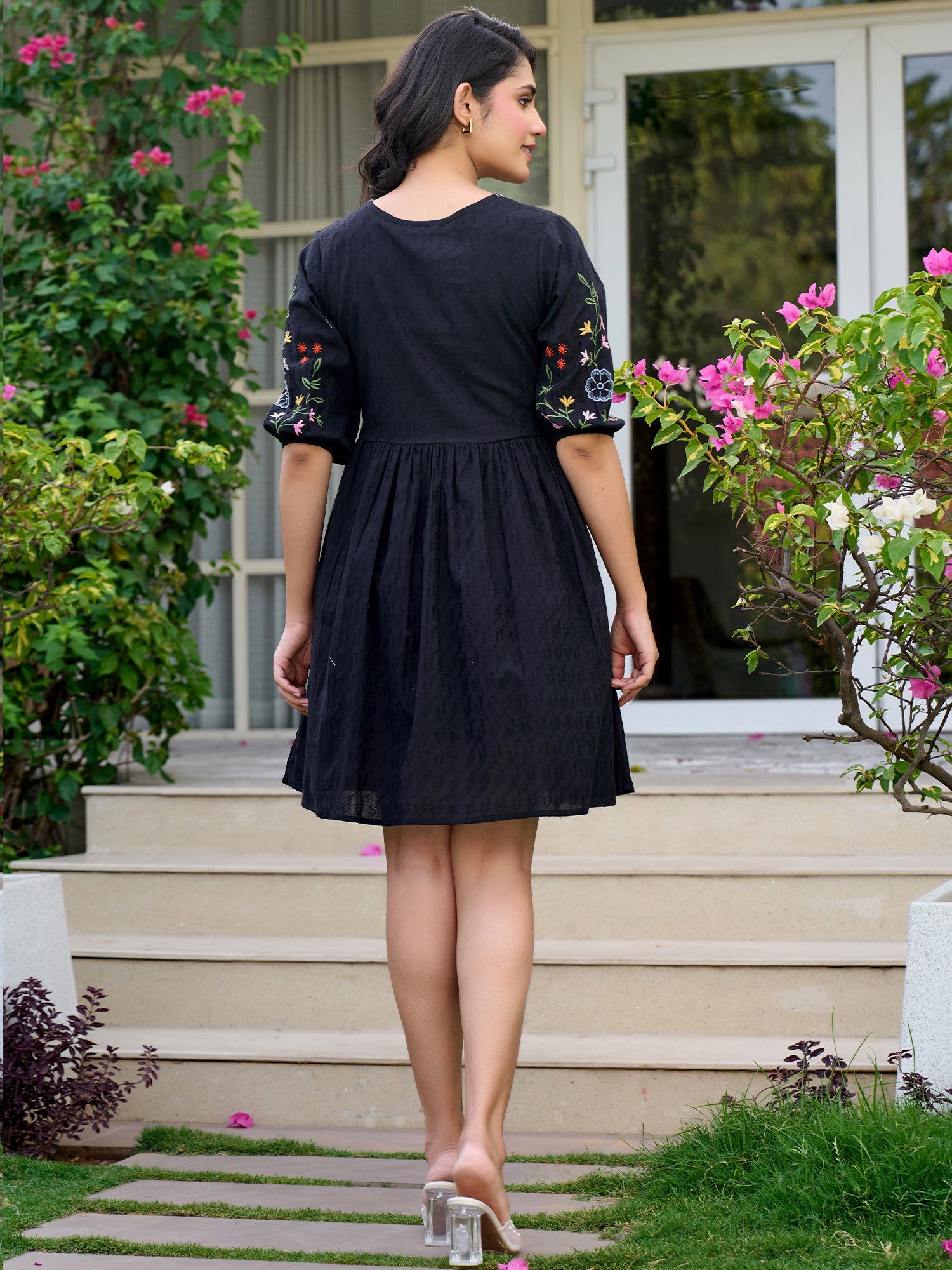 Floral Embroidered Puff Sleeve Pure Cotton Empire Dress