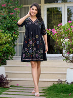 Floral Embroidered Puff Sleeve Pure Cotton Empire Dress
