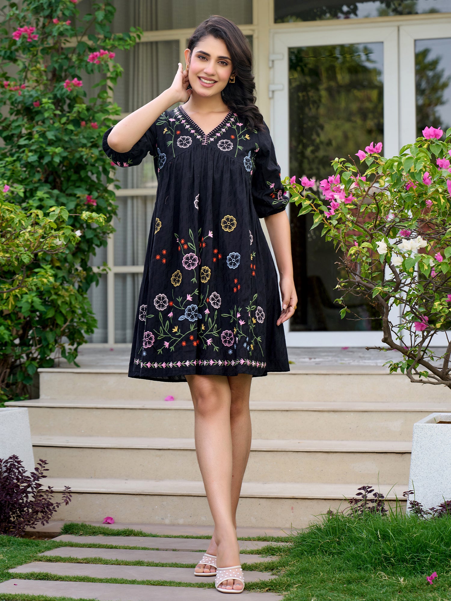 Floral Embroidered Puff Sleeve Pure Cotton Empire Dress