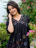 Floral Embroidered Puff Sleeve Pure Cotton Empire Dress